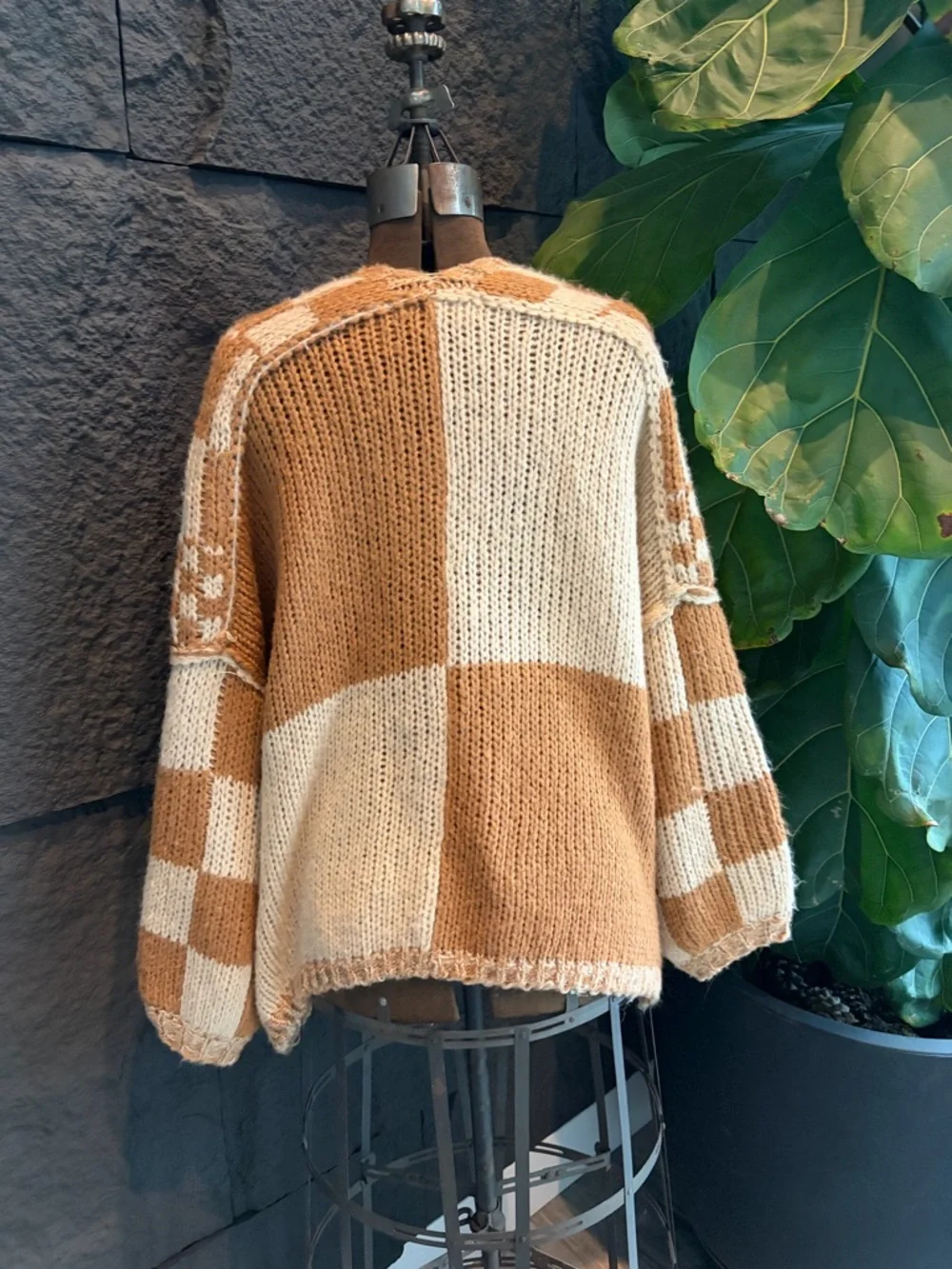 Alter’d state Cozy Checkerboard Open-Front Cardigan Sweater - Cream & Tan - Picture 2 of 5